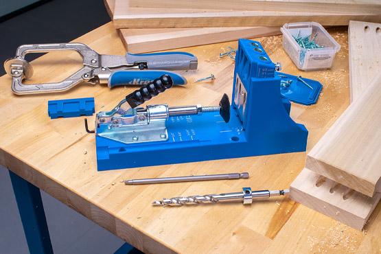 Kreg k4 Pocket-Hole Jig with accessories on a workbench