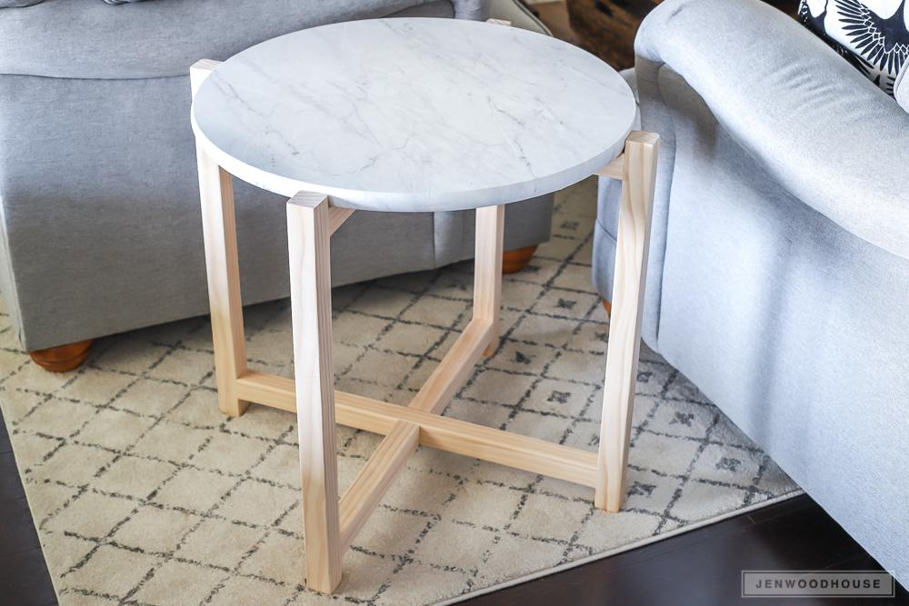 Round Marble and Wood Side Table