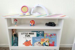 Kids bedside table with book storage