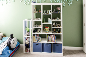 Bookcase with toy storage and animal zoo