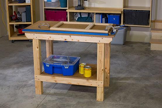 DIY workbench in a garage
