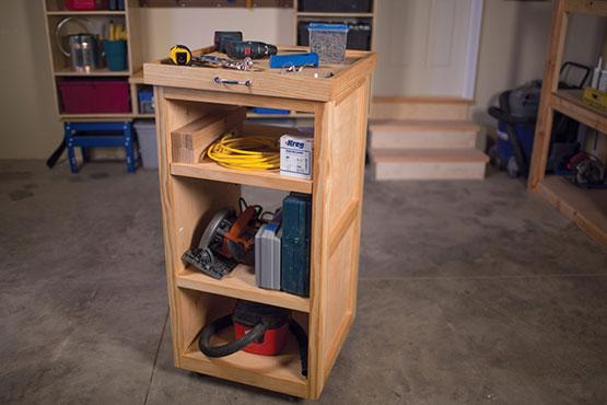 rolling tool cart with woodworking and DIY tools