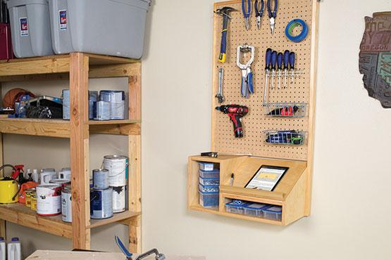 tool organizer and storage mounted on a garage wall