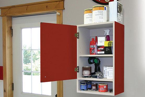 workshop wall cabinet with project supplies organized inside