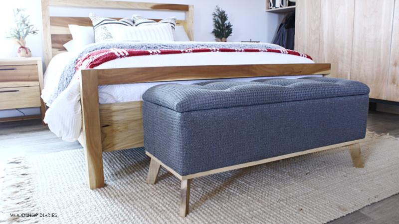 DIY upholstered storage bench at end of bed small